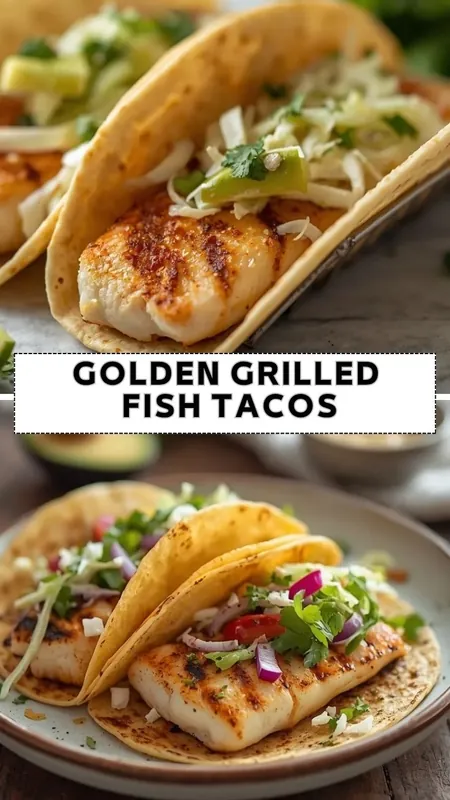 Golden grilled fish tacos topped with cabbage slaw, cilantro, and fresh vegetables