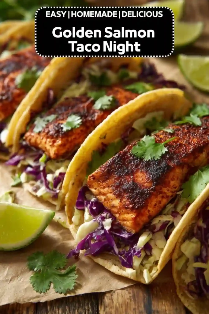 Blackened salmon tacos with purple cabbage slaw, fresh cilantro, and lime wedges on warm corn tortillas
