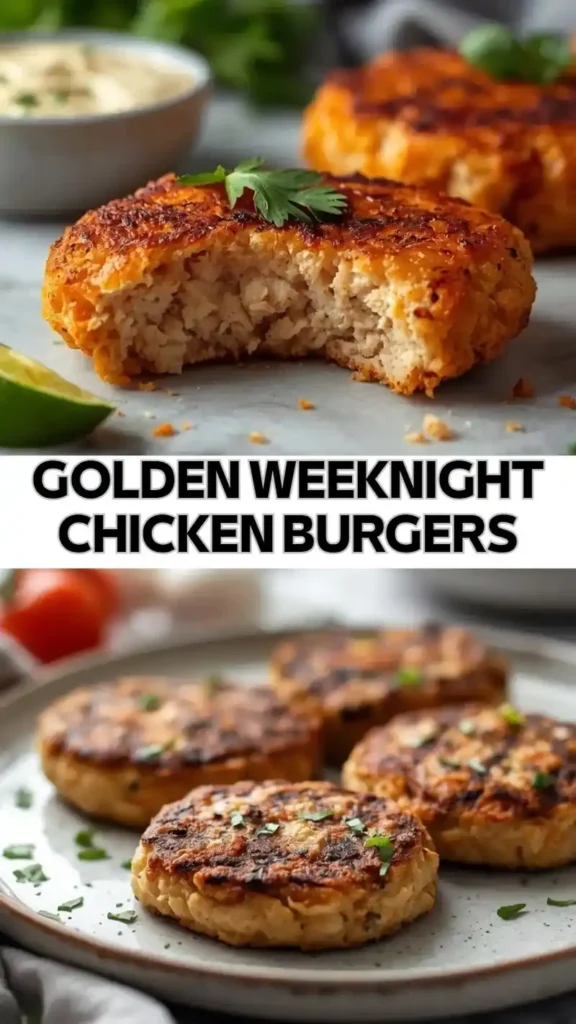 Golden Weeknight Chicken Burgers for Easy Family Dinners Crispy golden chicken burger patties cooked until browned and served on a plate