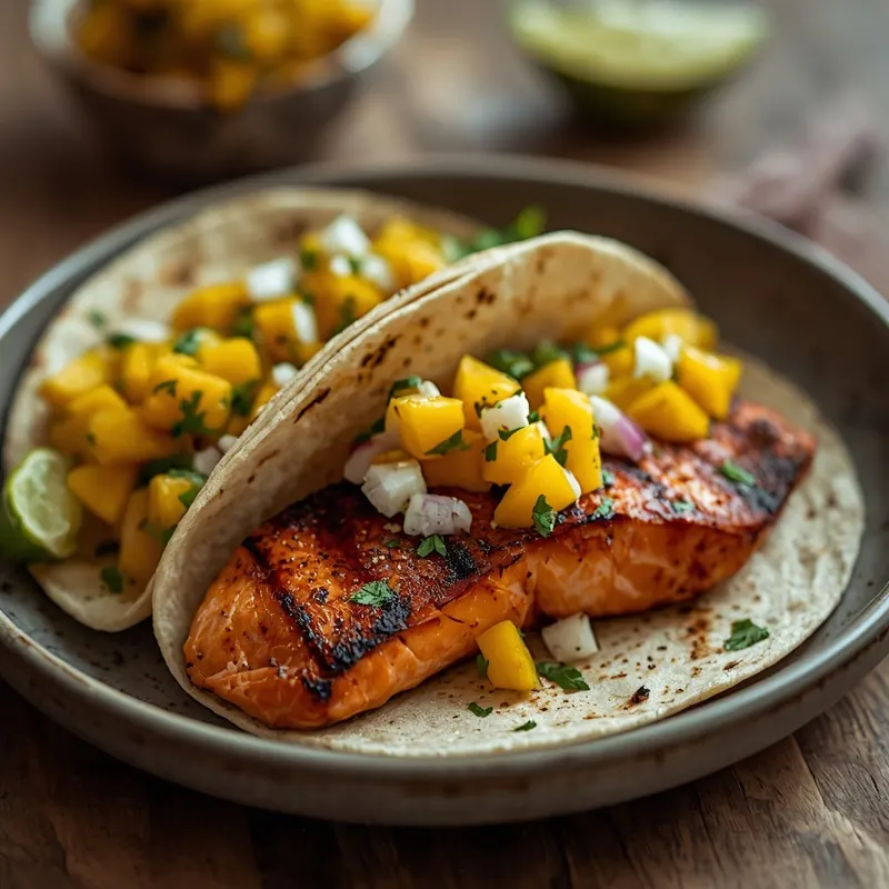 Grilled Salmon Tacos with Charred Mango Salsa for Cookouts Grilled Salmon Tacos with Charred Mango Salsa for Cookouts