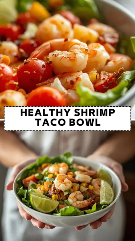 Healthy Shrimp Taco Bowl Recipe for Easy Fresh Meals Healthy shrimp taco bowl with lettuce, corn, tomatoes, and fresh lime wedges