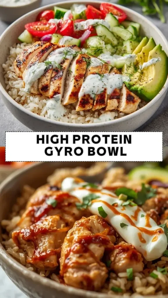 high protein gyro bowl with grilled chicken rice cucumber tomato avocado and tzatziki sauce