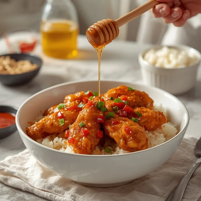 Glossy Hot Honey Chicken Crunch Rice Bowl Glossy Hot Honey Chicken Crunch Rice Bowl