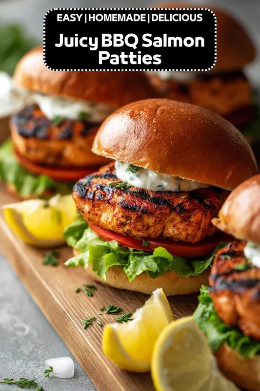 Juicy BBQ salmon patties served on brioche buns with lettuce, tomato, creamy sauce, and lemon wedges
