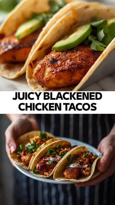 Juicy Blackened Chicken Tacos Recipe Juicy blackened chicken tacos with avocado slices and fresh cilantro toppings