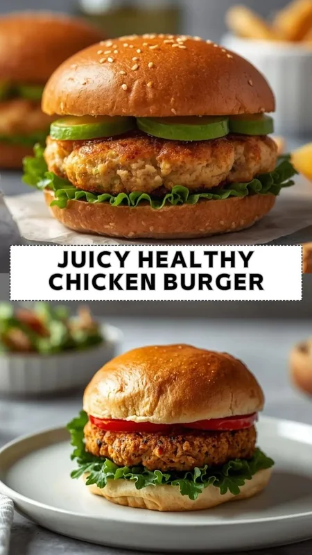 Healthy grilled chicken burger with fresh lettuce, tomato slices, and soft sesame bun