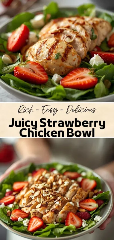 Grilled chicken strawberry salad bowl with fresh spinach, feta cheese, and sliced strawberries