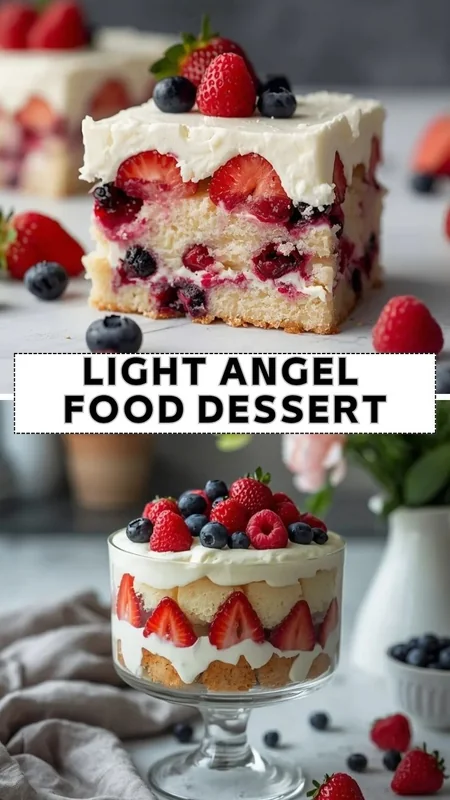 Light angel food dessert layered with whipped cream, strawberries, blueberries, and raspberries in elegant serving dishes