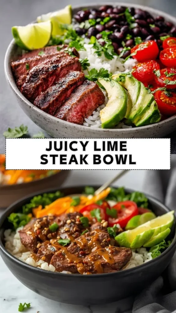 Juicy Lime Steak Bowl with Avocado and Rice Juicy lime steak bowl with sliced avocado, white rice, black beans, cherry tomatoes, and fresh cilantro