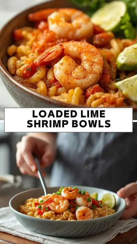 Loaded Lime Shrimp Bowls – Easy Healthy Shrimp Rice Bowl Recipe Loaded lime shrimp bowls with seasoned rice, juicy shrimp, tomatoes, and fresh lime wedges