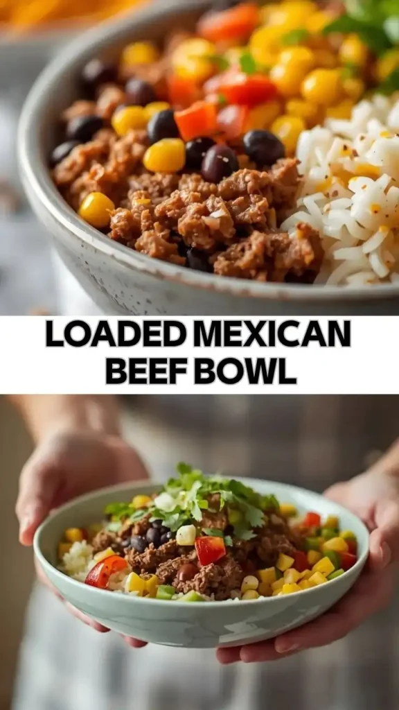Loaded Mexican beef bowl with rice, black beans, corn, tomatoes, and seasoned ground beef