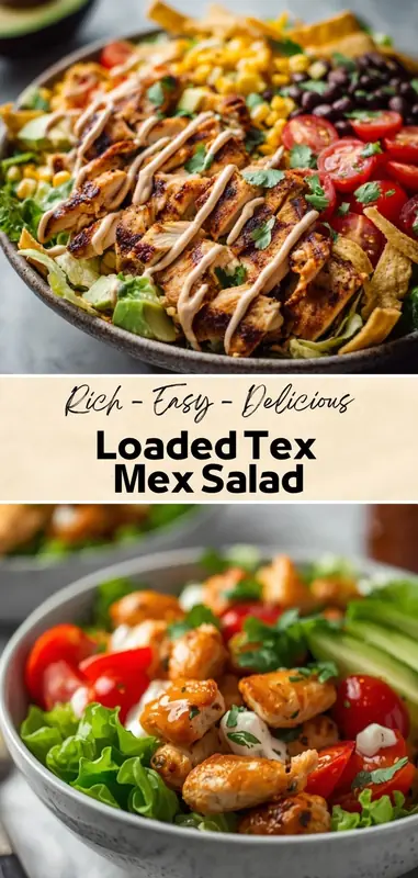 Loaded Tex Mex Salad Recipe with Grilled Chicken and Avocado Loaded Tex Mex salad with grilled chicken, avocado, black beans, corn, cherry tomatoes, tortilla strips, and creamy dressing
