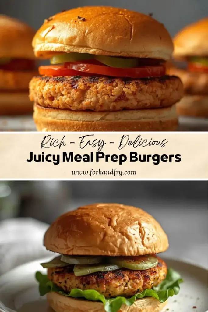 Juicy meal prep chicken burger with pickles, tomato, and lettuce on a toasted bun