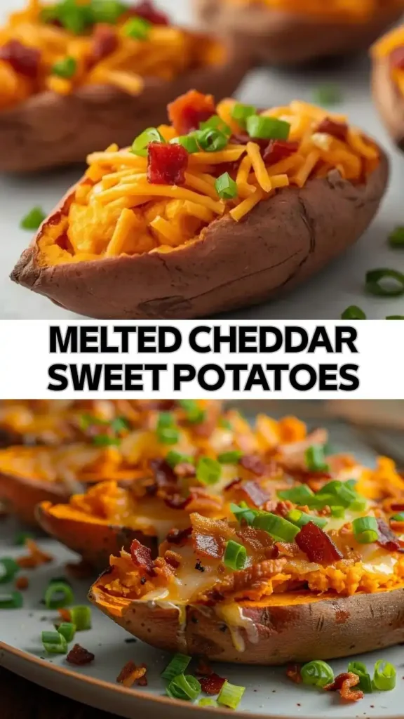Melted Cheddar Sweet Potatoes Recipe Melted cheddar sweet potatoes topped with bacon, green onions, and melted cheese