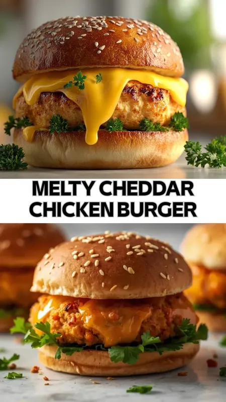 Melty cheddar chicken burger with juicy grilled chicken patty, melted cheddar cheese, and sesame bun garnished with fresh parsley