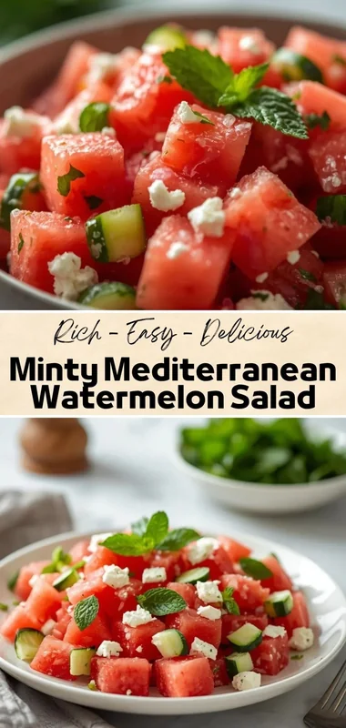 Minty Mediterranean Watermelon Salad – Fresh Summer Salad Recipe Mediterranean watermelon salad with mint leaves, cucumber, feta cheese, and fresh watermelon cubes