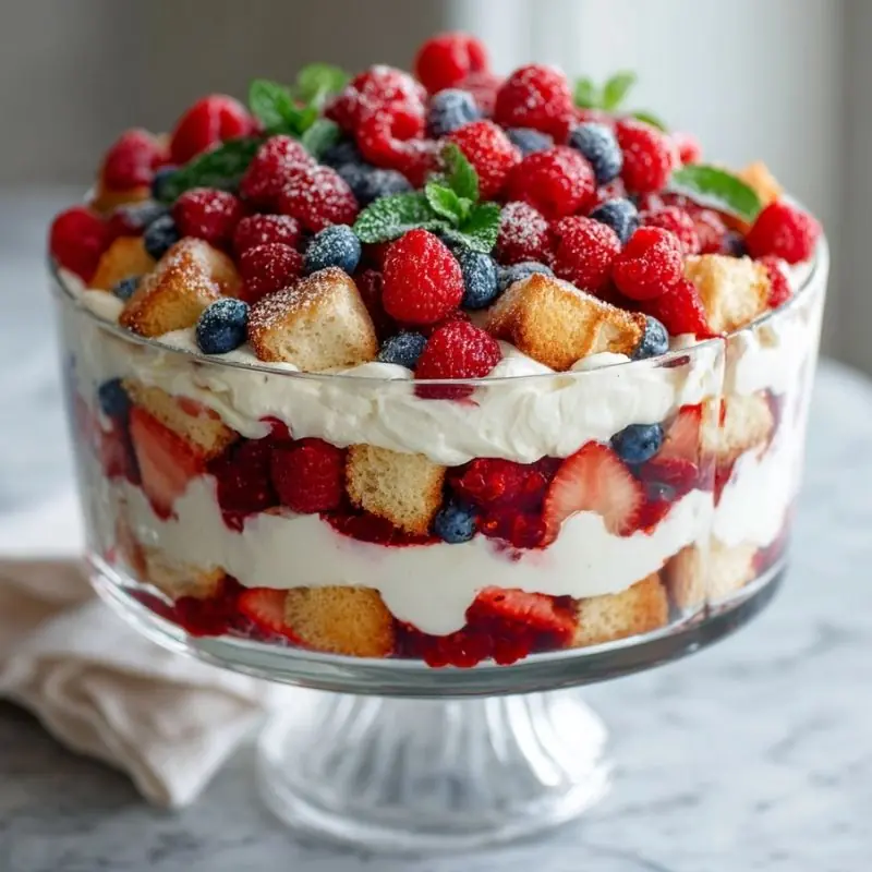 Mixed berry trifle layered with whipped cream, sponge cake cubes, strawberries, raspberries, and blueberries in a glass dessert bowl