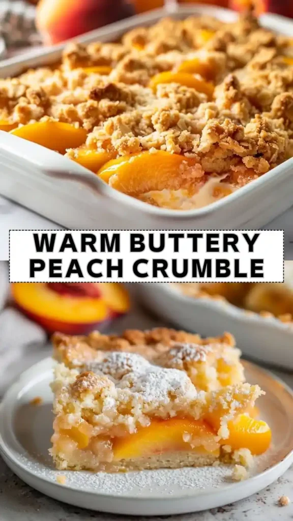 Warm Buttery Peach Crumble Dessert Warm buttery peach crumble dessert collage with baked peach crisp and peach crumble bars