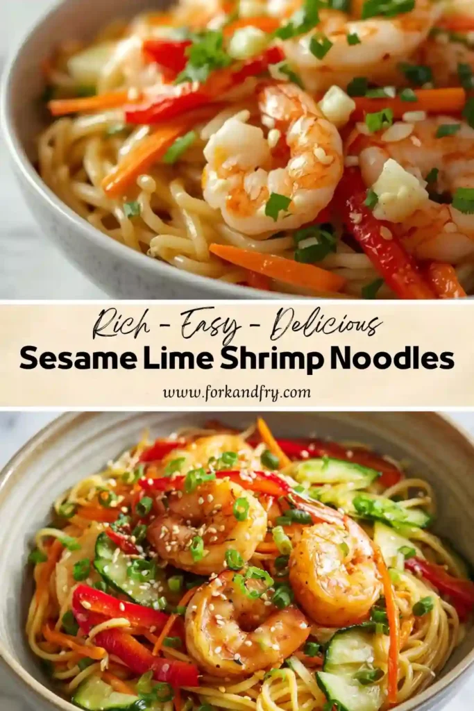 Easy Sesame Lime Shrimp Noodles Recipe Sesame lime shrimp noodles with bell peppers, carrots, cucumbers, sesame seeds, and green onions in a savory noodle bowl