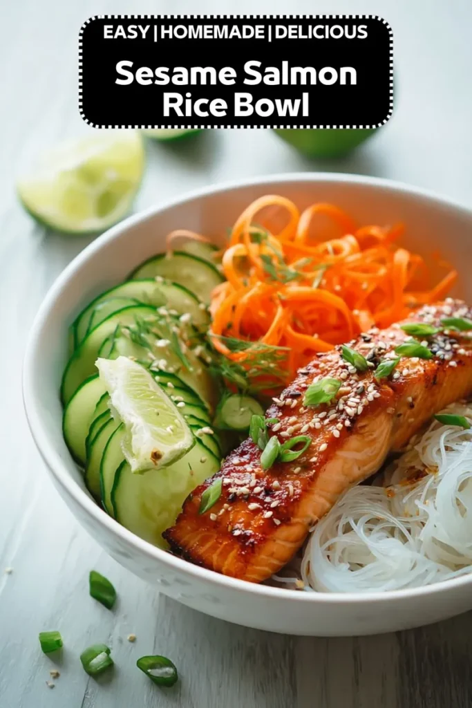 Sesame Salmon Rice Bowl with Fresh Veggies sesame glazed salmon rice bowl with cucumber, carrots, rice noodles, and lime