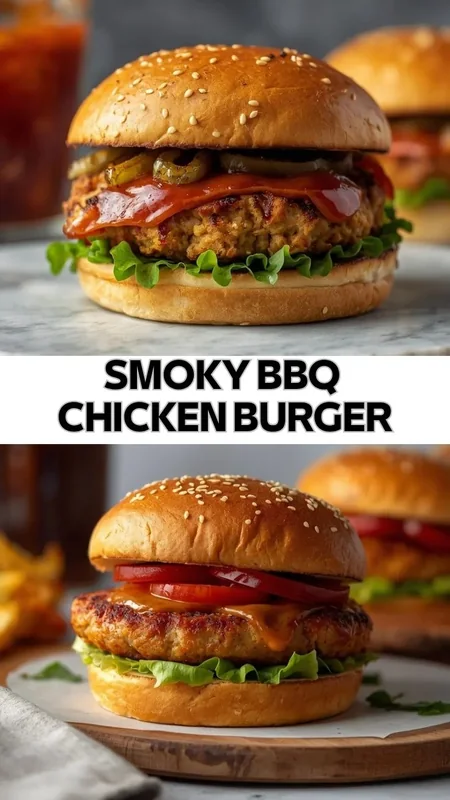 Smoky BBQ Chicken Burger Recipe Smoky BBQ chicken burger with melted cheese, lettuce, tomatoes, and toasted sesame bun