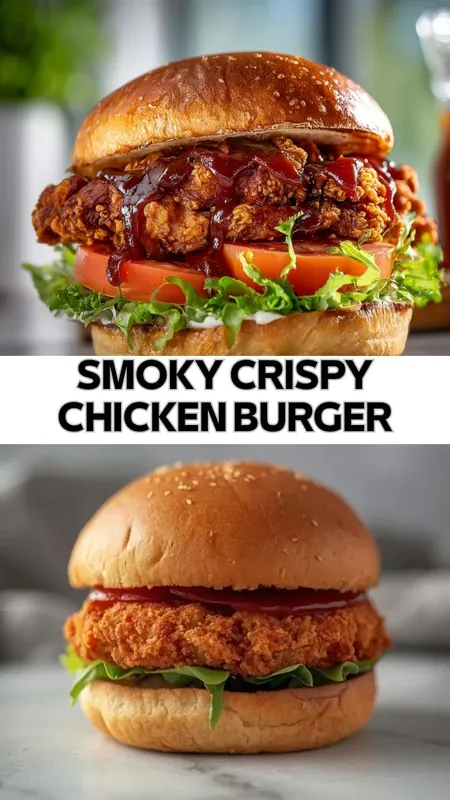 Smoky Crispy Chicken Burger Recipe with Crunchy Fried Chicken Smoky crispy chicken burger with crunchy fried chicken, fresh lettuce, tomato slices, and smoky barbecue sauce on a toasted bun