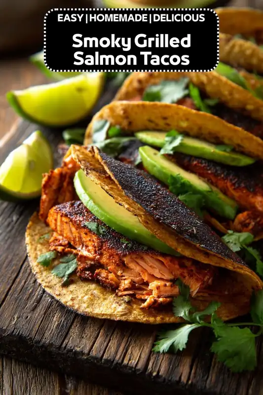 Smoky grilled salmon tacos topped with avocado slices, cilantro, and lime wedges on a rustic wooden table