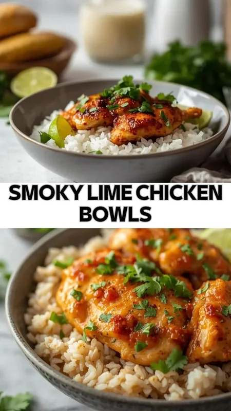 Smoky lime chicken bowls with grilled chicken, rice, and fresh cilantro garnish
