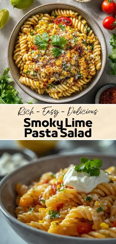 Smoky Lime Pasta Salad – Zesty Summer Rotini Recipe Smoky lime pasta salad with rotini, roasted corn, cherry tomatoes, cilantro, and creamy topping