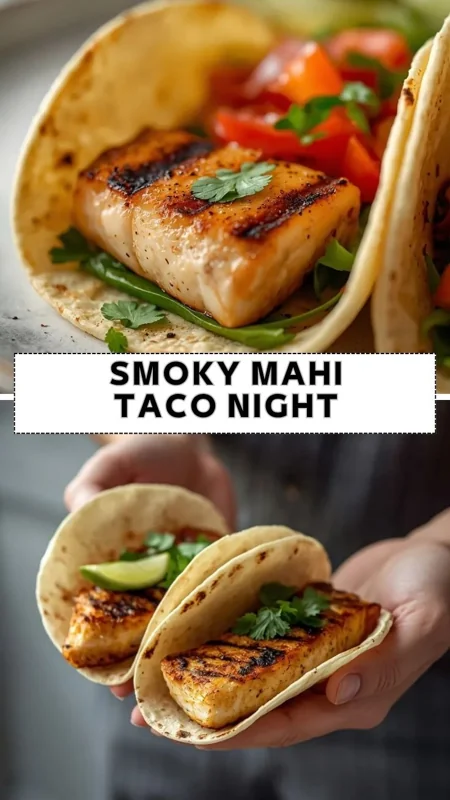Smoky mahi mahi fish tacos with grilled fish, cilantro, tomatoes, and soft tortillas