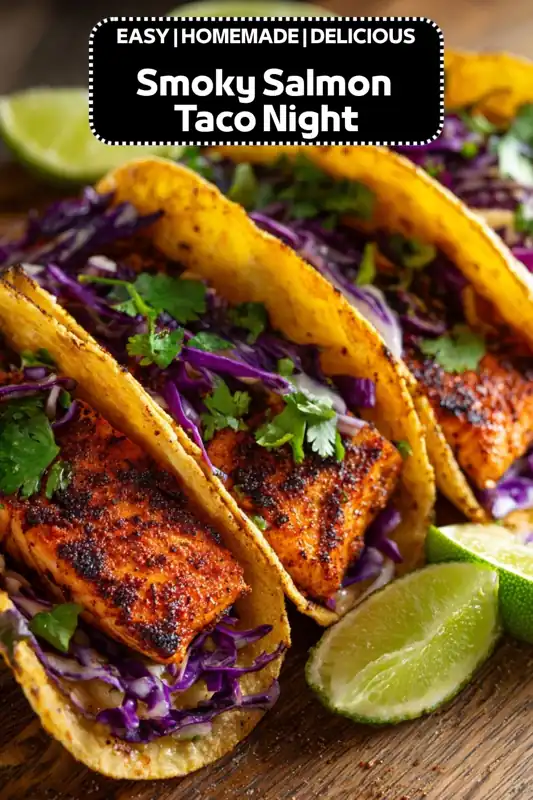 Smoky Salmon Taco Night – Easy Blackened Salmon Tacos Smoky salmon tacos with seasoned salmon, purple cabbage slaw, cilantro, and lime wedges
