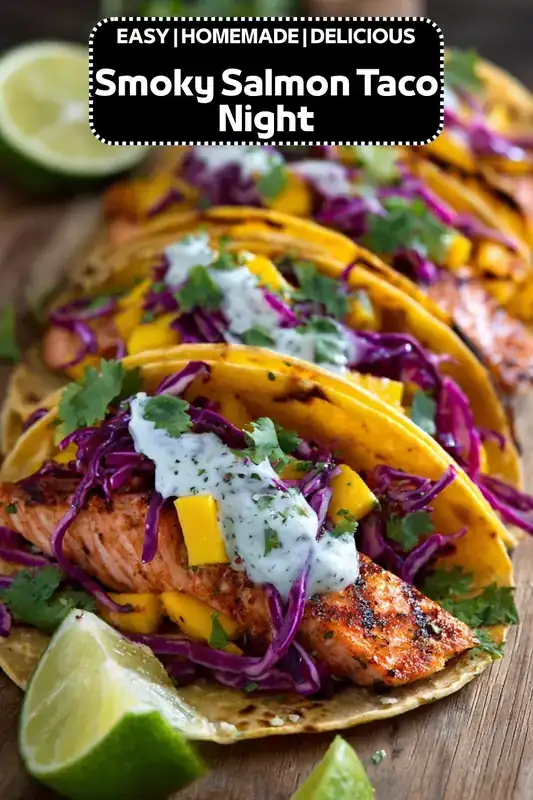 Easy Smoky Salmon Tacos with Mango Slaw Smoky salmon tacos topped with purple cabbage slaw, mango chunks, cilantro, and creamy sauce on grilled tortillas