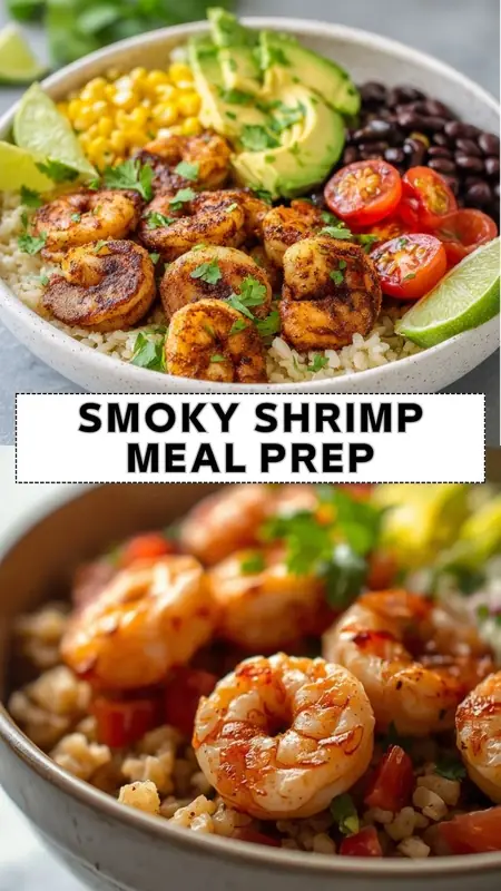 Smoky Shrimp Meal Prep Bowls for Healthy Lunches Smoky shrimp meal prep bowl with rice, avocado, black beans, corn, cherry tomatoes, and lime wedges