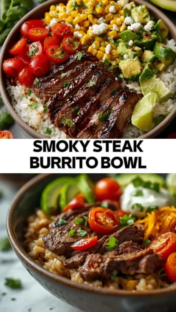 Smoky Steak Burrito Bowl with Fresh Toppings smoky steak burrito bowl with rice avocado corn cherry tomatoes and lime wedges