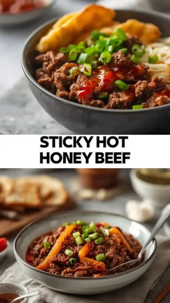 Sticky hot honey beef served with green onions, chili sauce, and savory ground beef in a bowl
