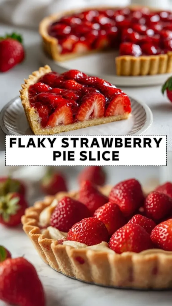 Flaky Strawberry Pie Slice with Fresh Berries flaky strawberry pie slice with fresh strawberries and glossy glaze in buttery crust