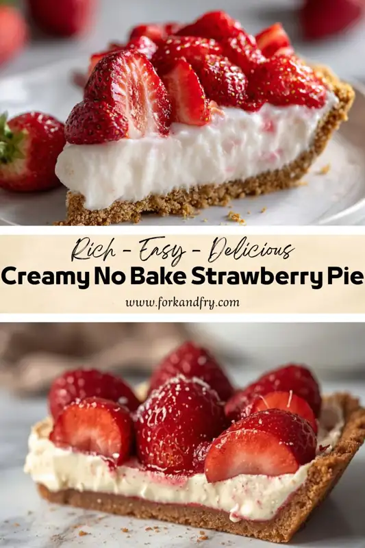 Creamy No Bake Strawberry Pie – Easy Summer Dessert no bake strawberry pie slice with creamy filling and fresh glazed strawberries on graham crust