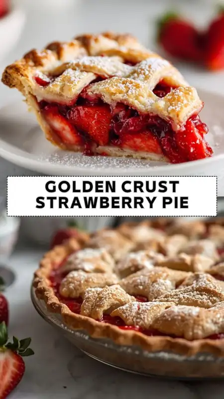 Golden Crust Strawberry Pie – Classic Homemade Dessert golden crust strawberry pie slice with lattice top and powdered sugar on plate