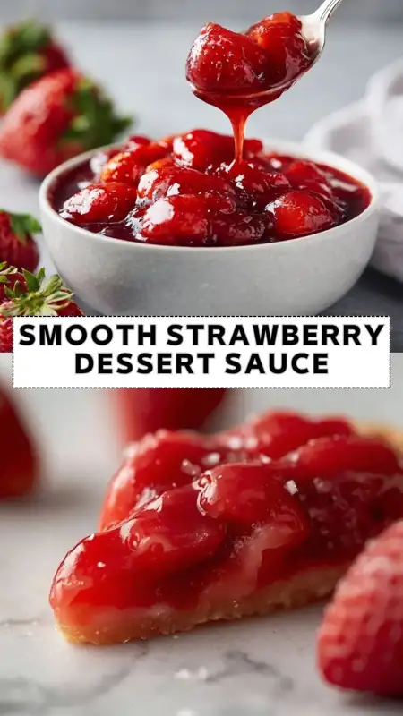 smooth strawberry dessert sauce with glossy texture in bowl and spoon