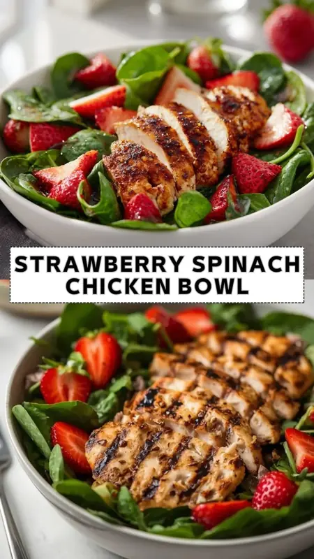 Strawberry Spinach Chicken Bowl – Healthy Protein-Packed Salad Strawberry spinach chicken bowl with grilled chicken breast, fresh spinach leaves, and sliced strawberries in a healthy salad
