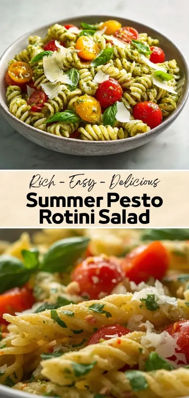 Summer pesto rotini salad with cherry tomatoes, basil leaves, parmesan cheese, and pesto-coated pasta