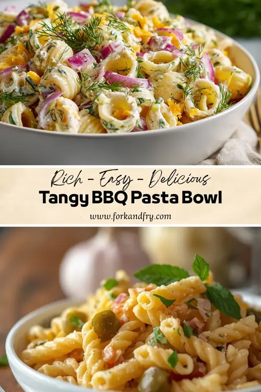 Tangy BBQ Pasta Bowl Recipe – Creamy Flavorful Pasta Salad Tangy BBQ pasta bowl with creamy pasta shells, red onion, herbs, and seasoned dressing in a rustic serving bowl