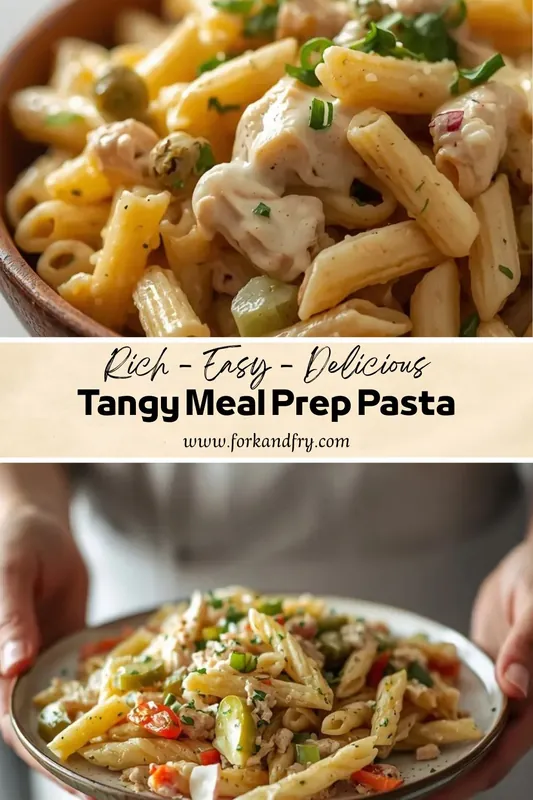 Creamy tangy meal prep pasta with penne, chicken, peppers, and fresh herbs in a rustic bowl