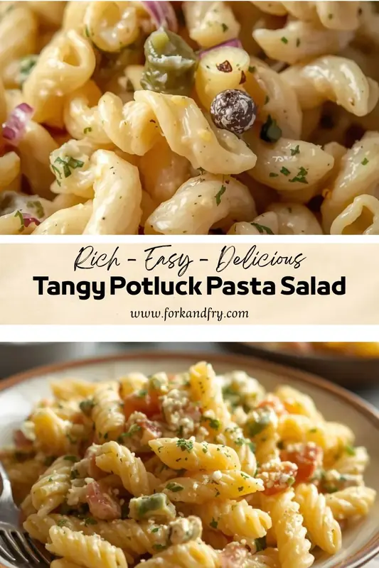 Tangy potluck pasta salad with rotini pasta, creamy dressing, cheese, and vegetables
