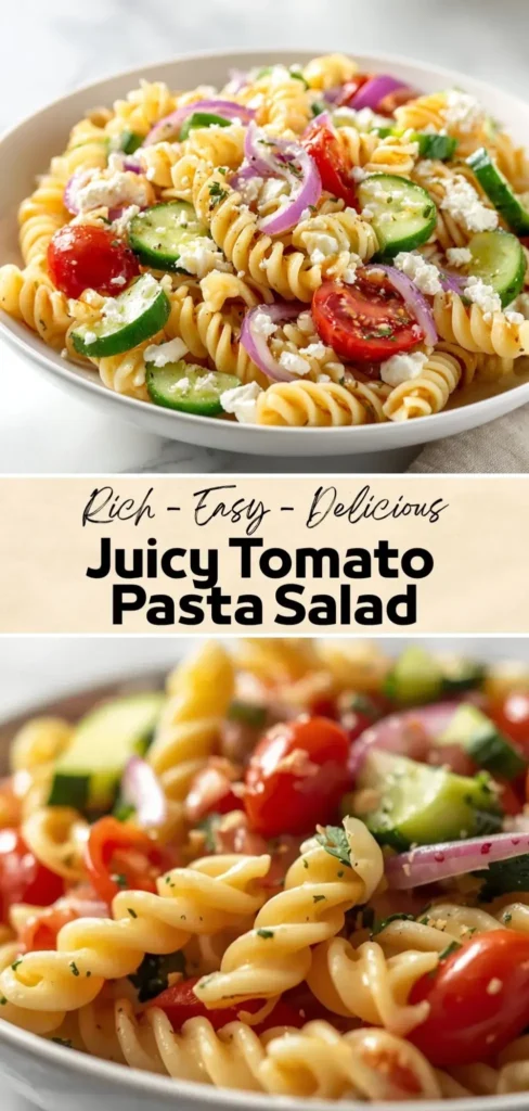 Tomato pasta salad with rotini, cucumber, red onion, and crumbled feta cheese in light dressing