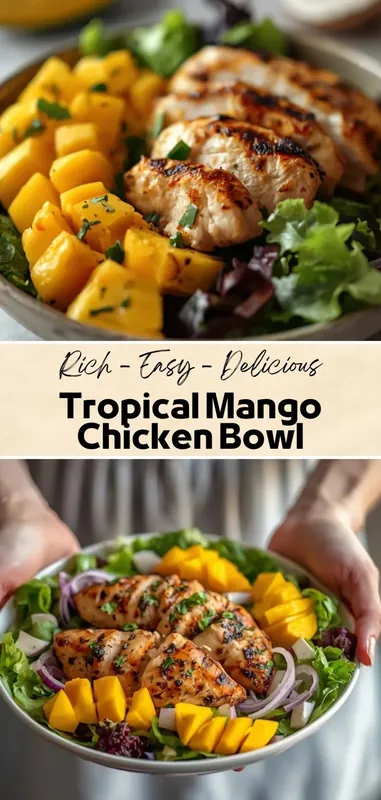 Tropical mango chicken bowl with grilled chicken, fresh mango cubes, leafy greens, and red onion in a healthy salad bowl