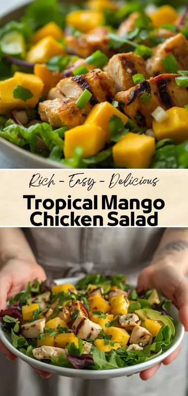 Tropical mango chicken salad with grilled chicken, fresh greens, avocado, and diced mango in a white bowl