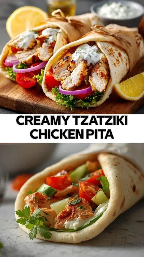 Creamy Tzatziki Chicken Pita Wrap grilled chicken pita wrap with creamy tzatziki sauce, lettuce, tomatoes, and red onion
