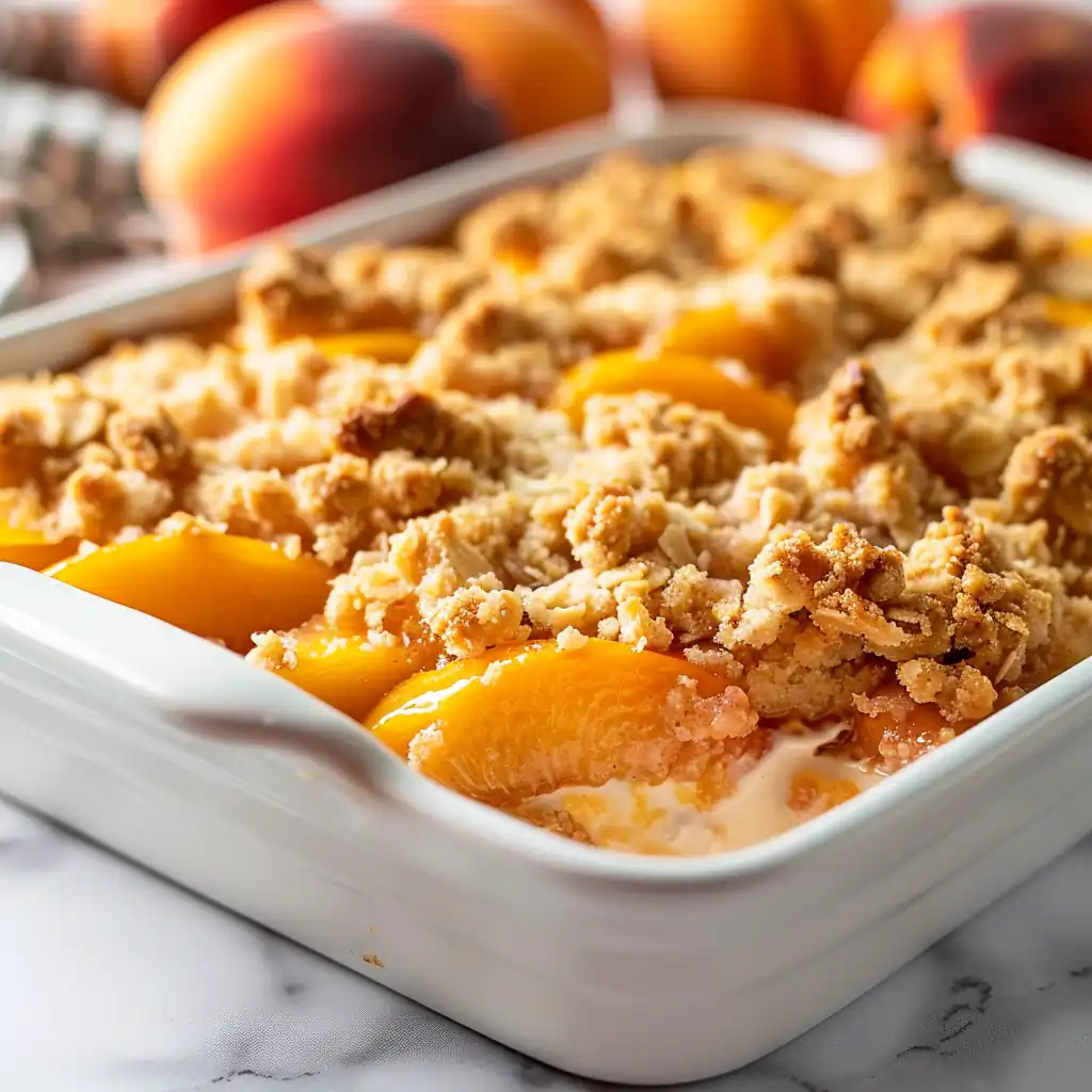 Warm Peach Crumble Bake Dessert Warm peach crumble dessert baked in a white dish with juicy peaches and oat topping