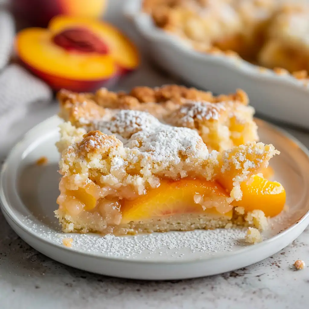 Warm Peach Crumble Dessert Bars Warm peach dessert bar with crumb topping and powdered sugar served on a white plate